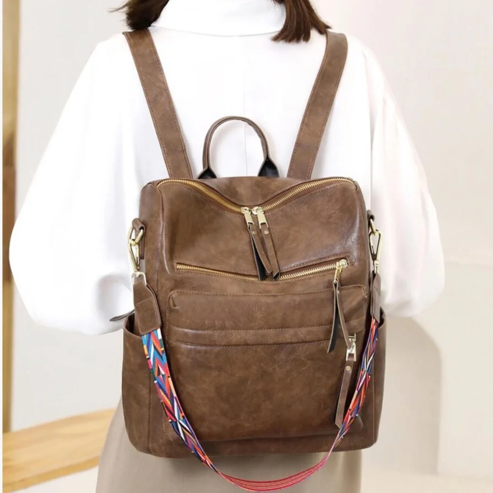 Luxe Vegan Leather Colorful Strap Backpack Shoulder bag - Picture 3 of 13